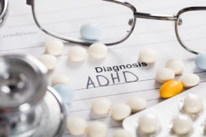 Pill, Glasses And Stethoscope With Text Diagnosis ADHD.